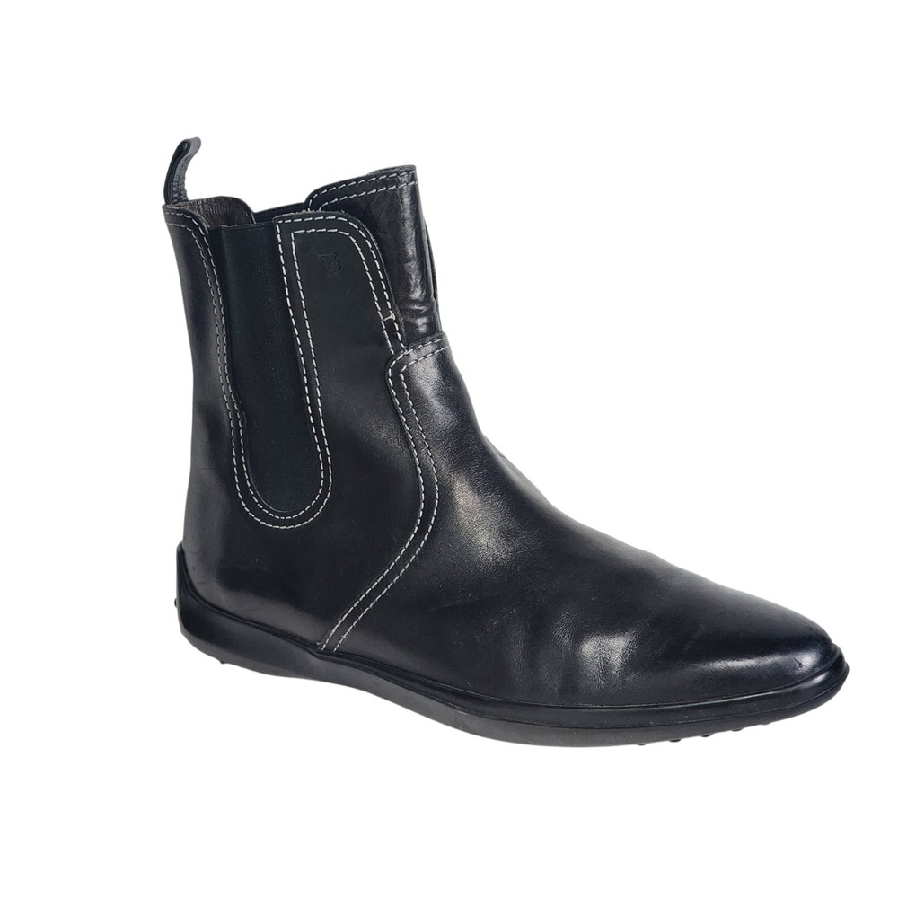 Tod's Black Leather Chelsea Boots White Stitching Gommino Sole 7 Italian Made